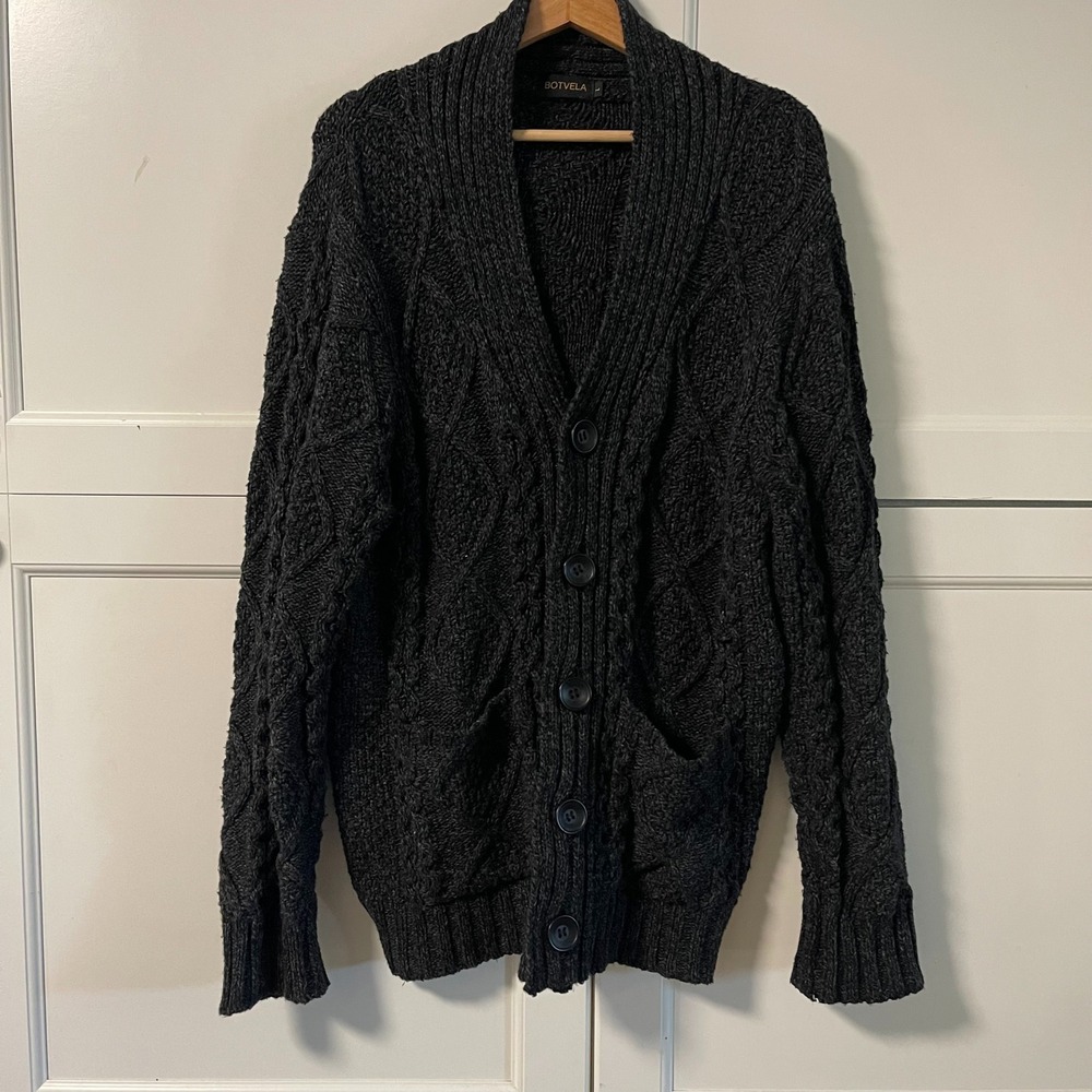 Botvela Mens Shawl Collar Cable Knit Cardigan Sweater Charcoal Grey Size L